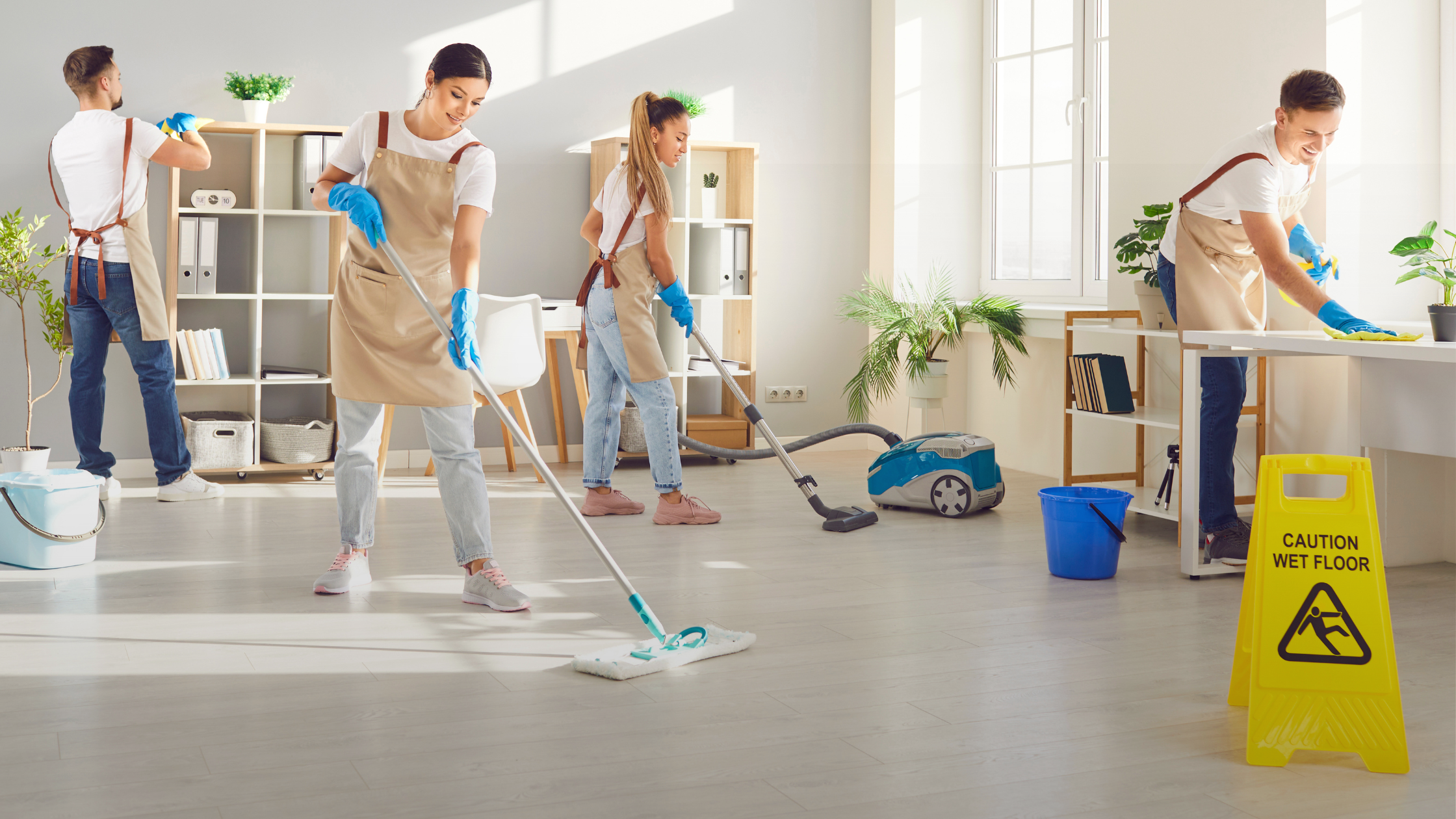Professional cleaning team performing a detailed, inspection-ready clean in a managed property.